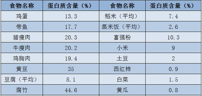 日常食物蛋白质含量表格